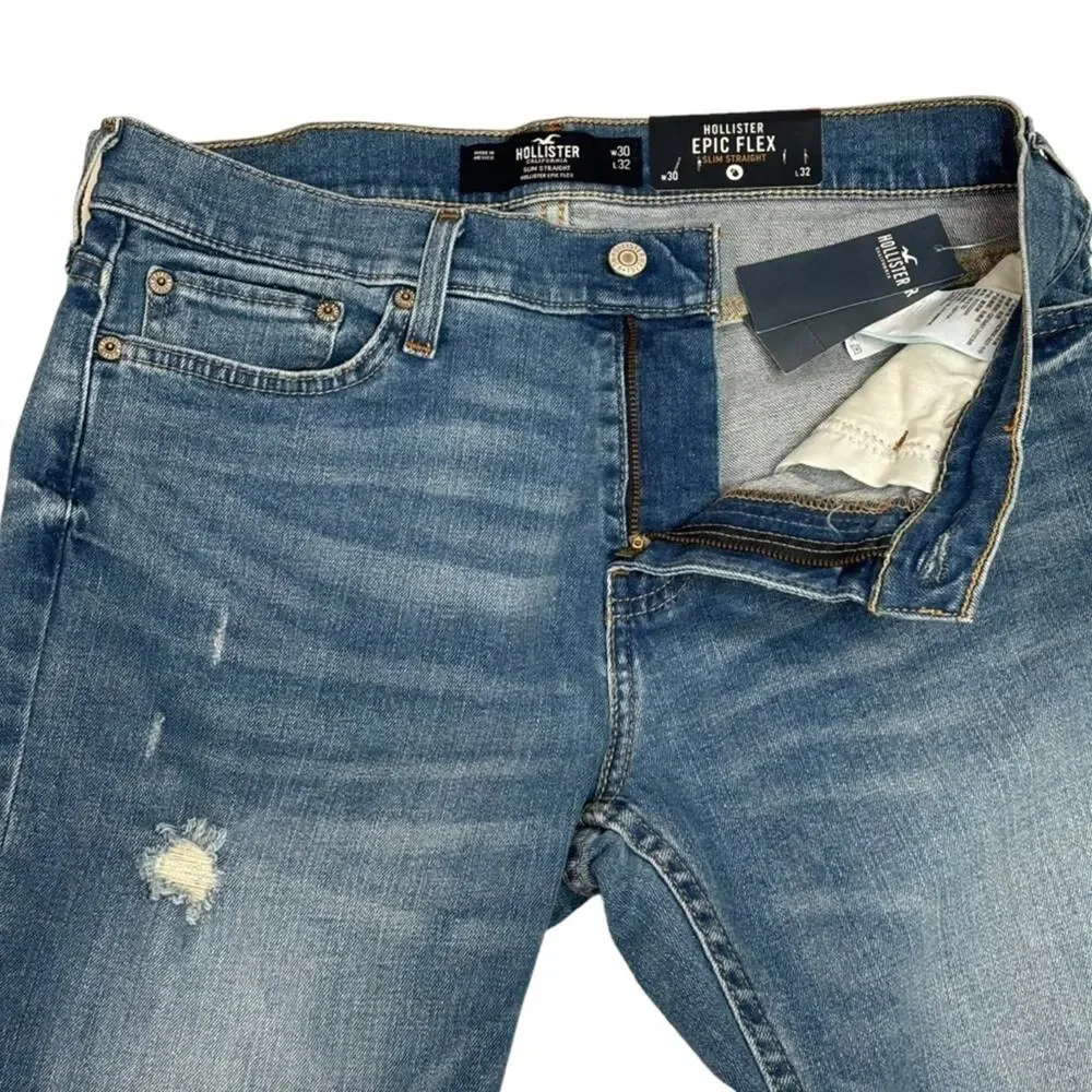 Hollister Epic Flex Slim Straight Medium Wash Light Distressed Jeans 30”X32” NEW